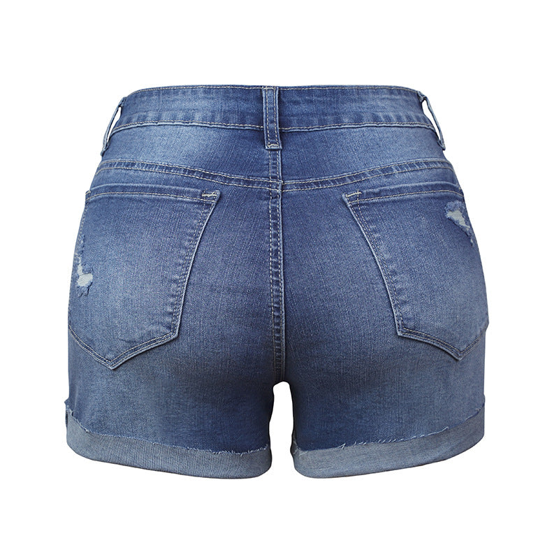 New Super Hot Amazon Blast Model Elastic Hole Ladies Denim Shorts