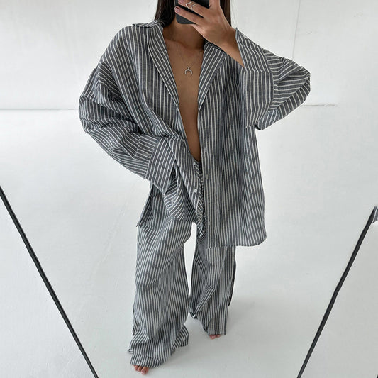 New Arrival Lapel-collar Long-sleeve Shirt And Wide-leg Pants Two-piece Set