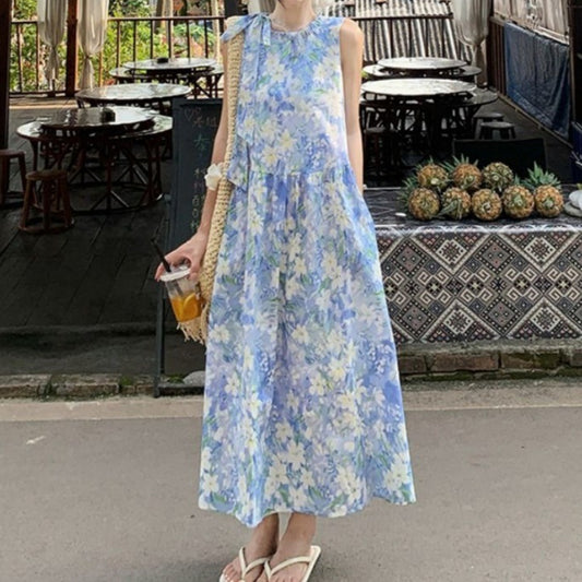 Beach Vacation Strappy Blue Floral Tank Dress