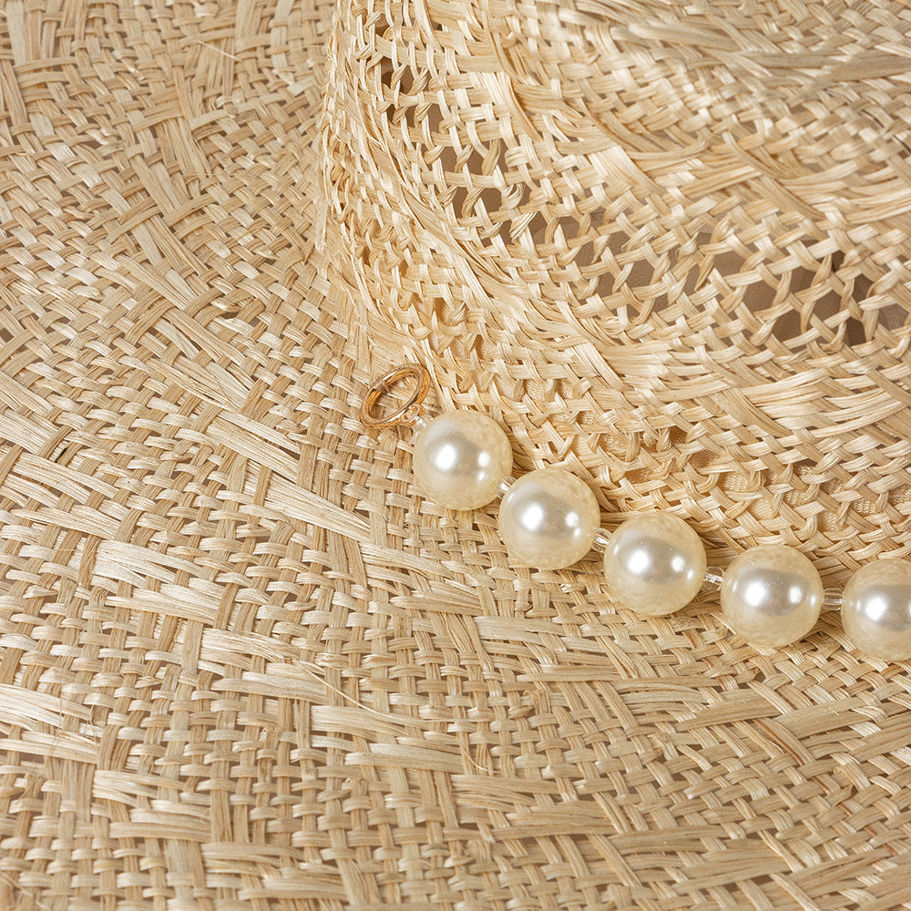 Pearl Strap Frosted Edge Large Eaves Hand Braided Straw Beach Sun Visor Hat