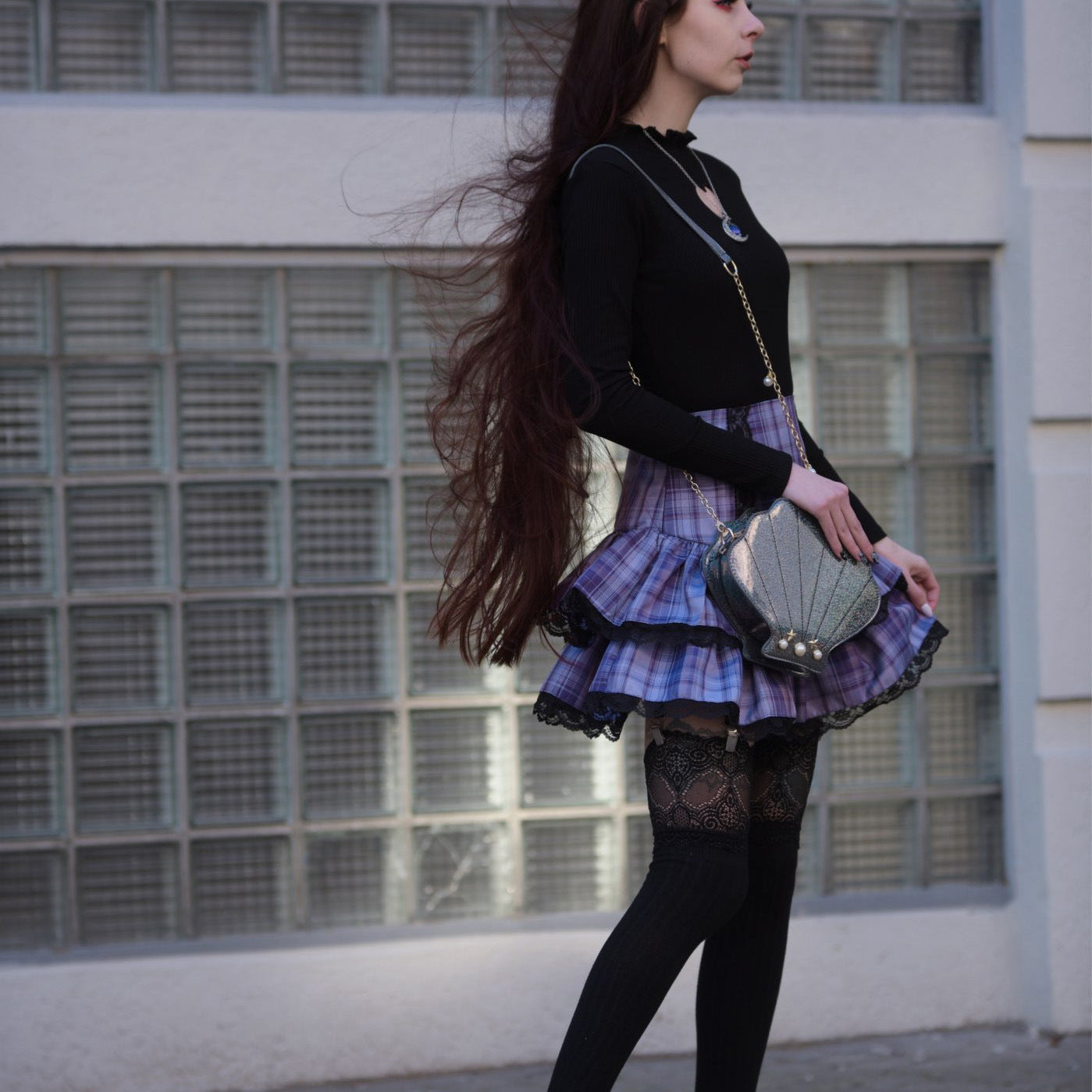 Lace Plaid High Waisted Pleated Skirt