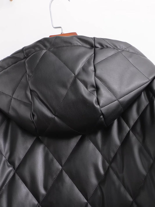 Commuter Light Cooked Style Rhombus Line Imitation Leather Coat