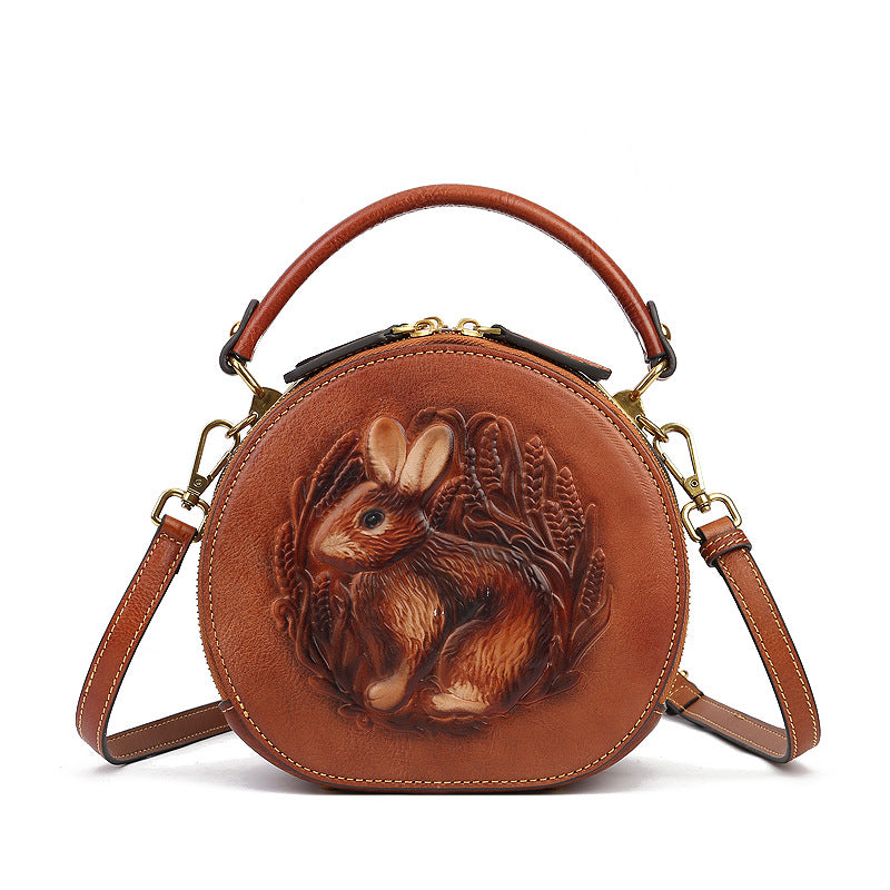 Etnisk stil Lille rund taske Toplæder Enkel skulder Crossbody