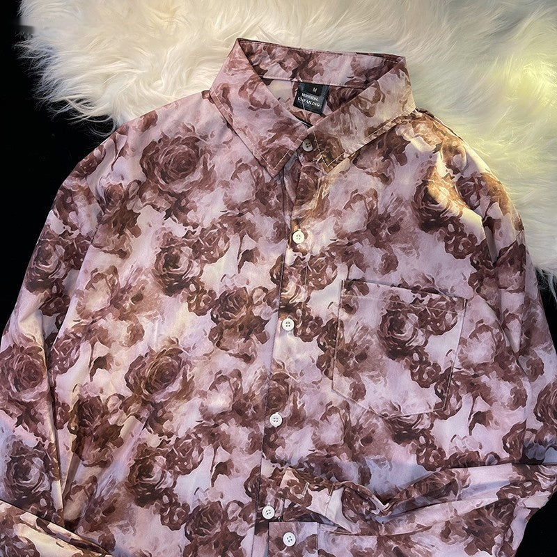 Hong Kong Style Printed Shirt Men's And Women's Loose Long Sleeves