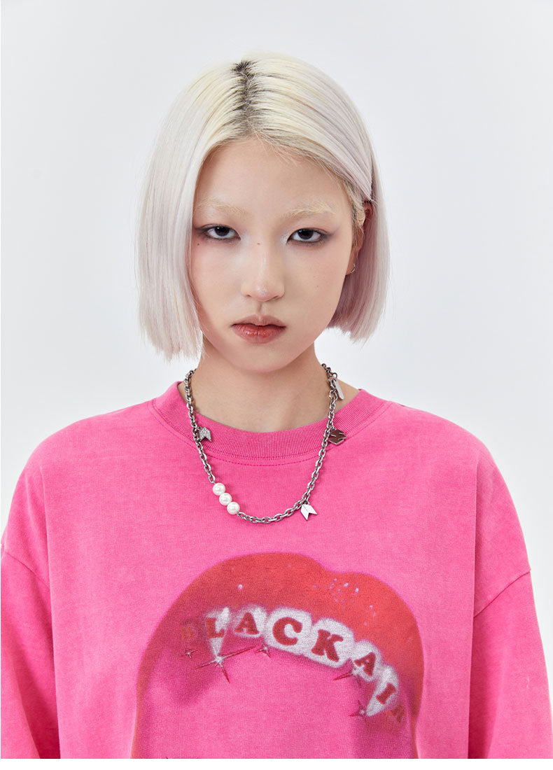 Retro Street Men's Red Lips Printed Short-sleeved T-shirt