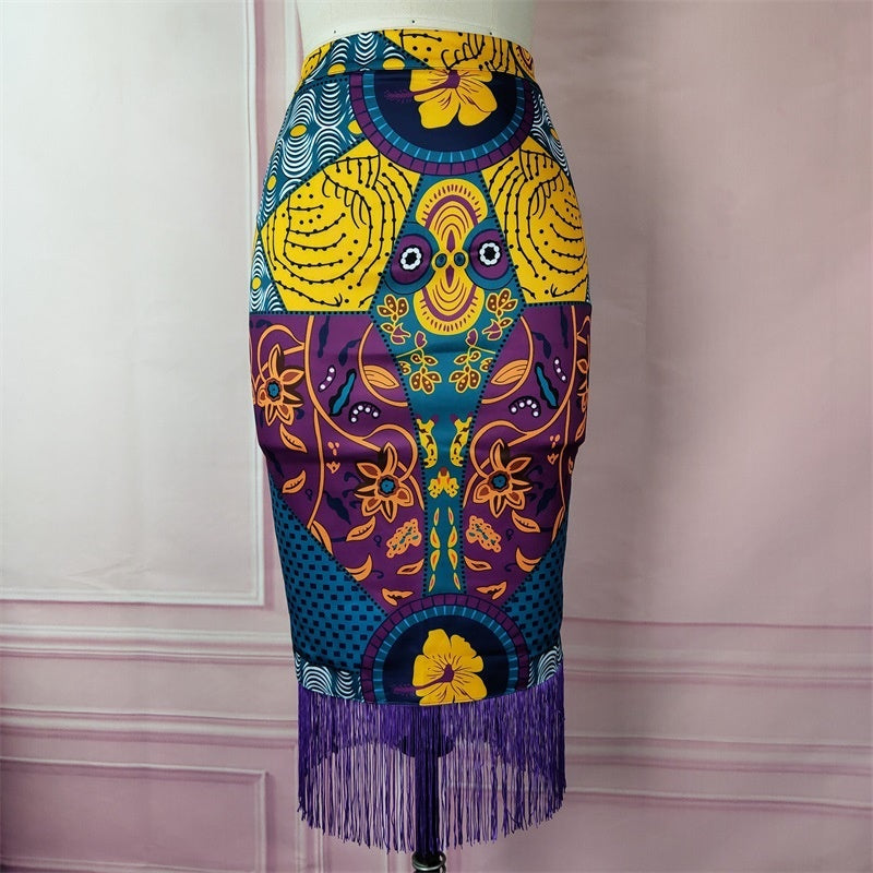 High Waist Print Stitching Tassel Hip Cross-border Plus Size Women's Party Skirt
