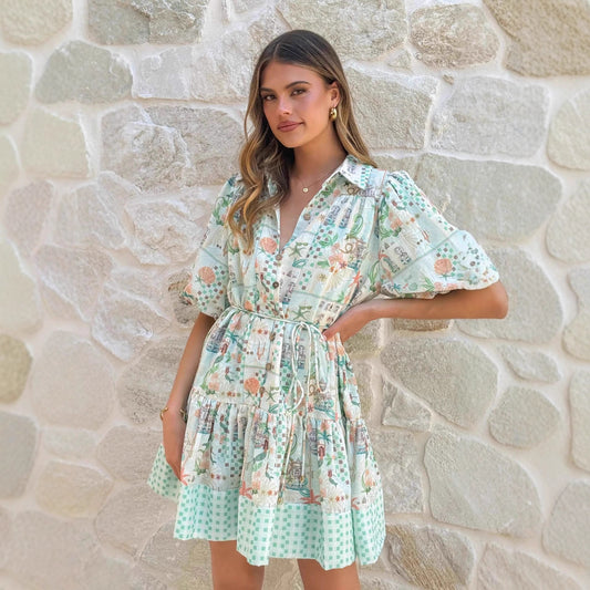 Casual Ethereal Linen Waist-cinched Lace-up Fairy Dress