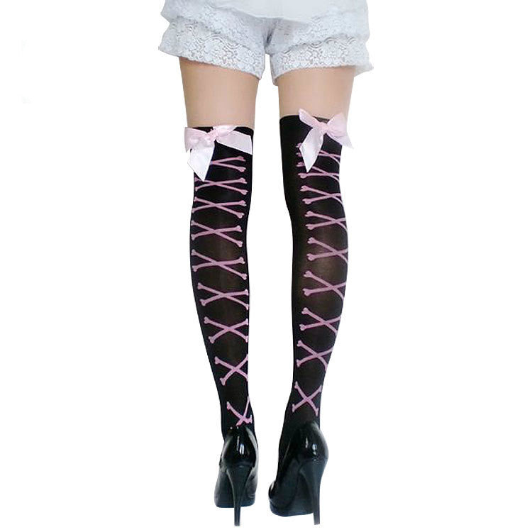 Small Bone Stockings With Pink Bow On The Back Of The Leg