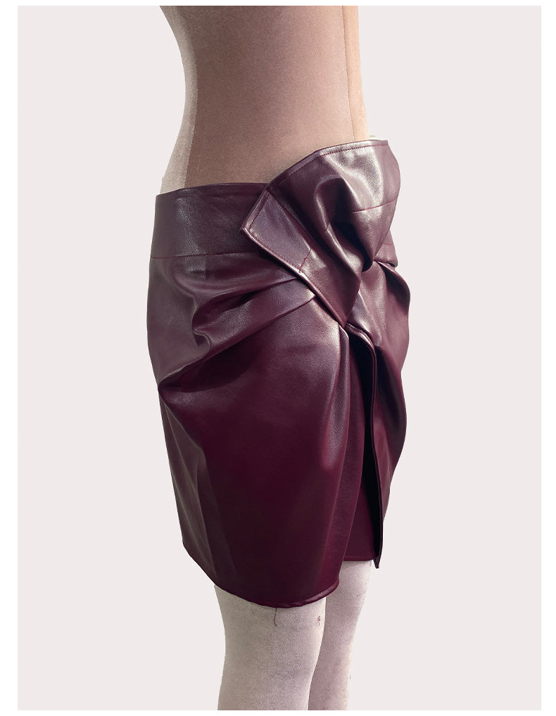 Faux Leather Cross Pleated Skirt