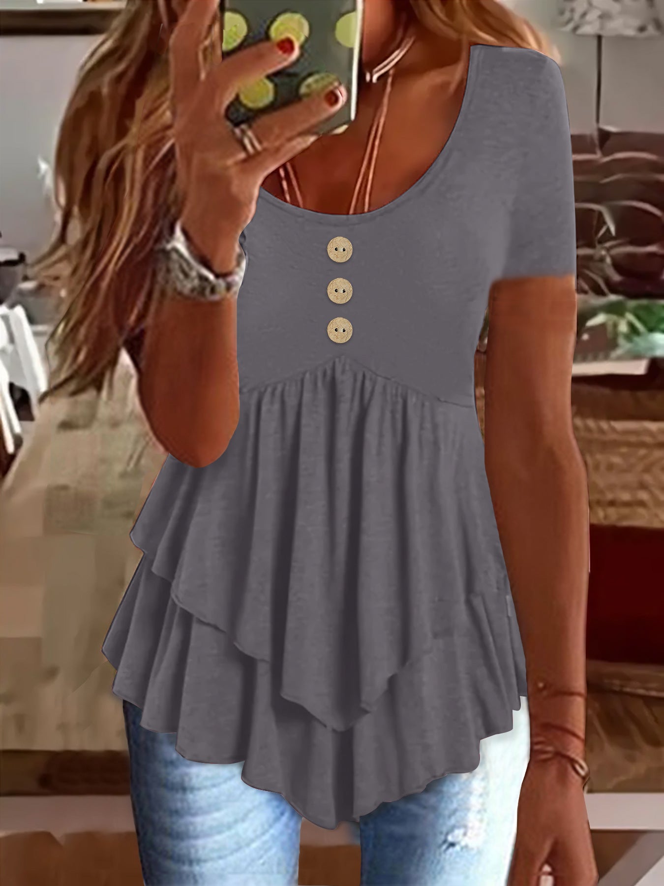 Fashion Three-button Casual Solid Color Short Sleeve