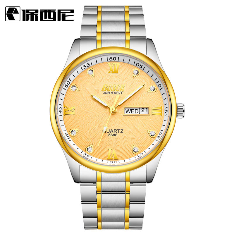 Explosion proof men's steel belt watch, waterproof double calendar quartz watch, business fashion non mechanical watch manufacturer
