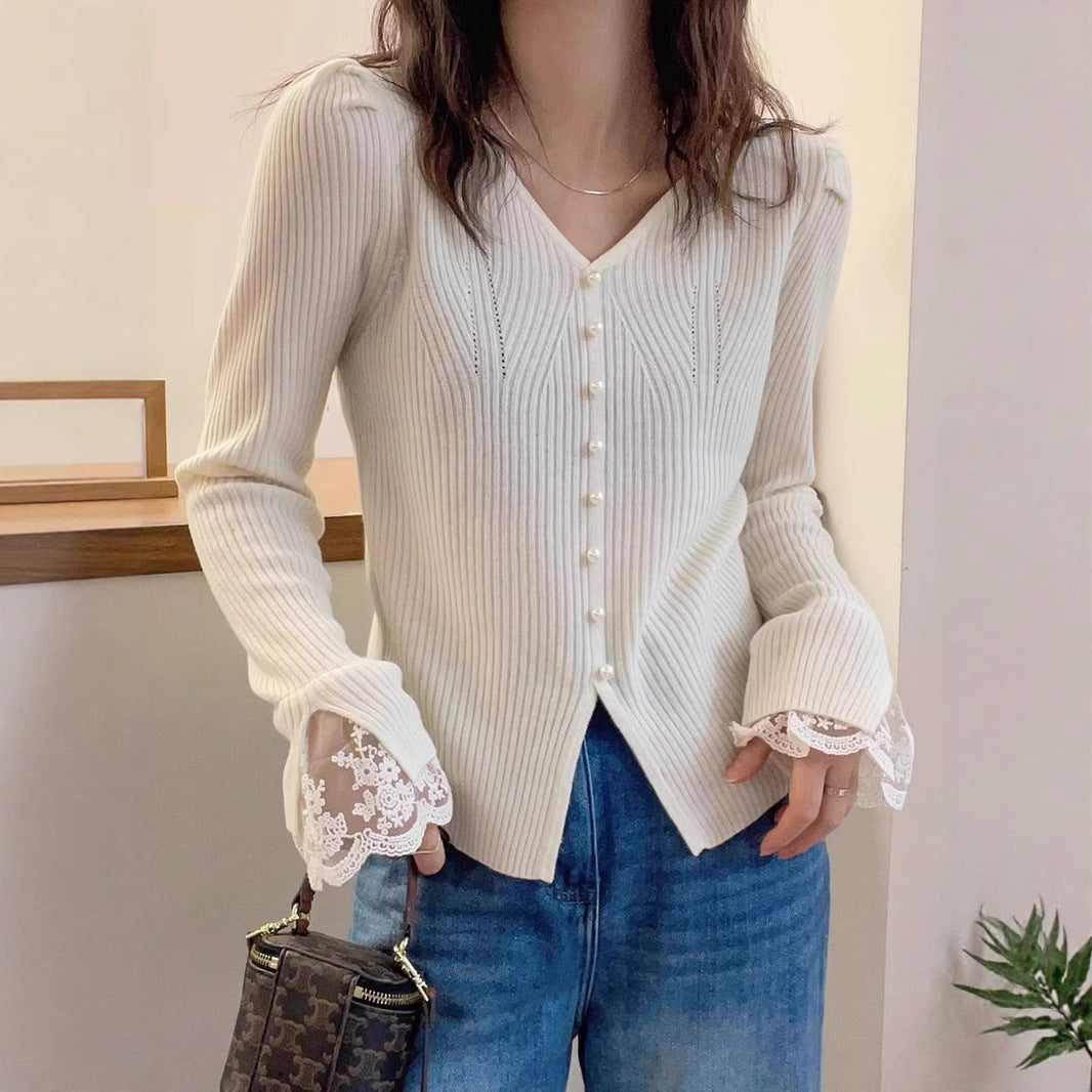 Korean Style Sense Of Design Long Sleeve Lace Splicing Knitwear