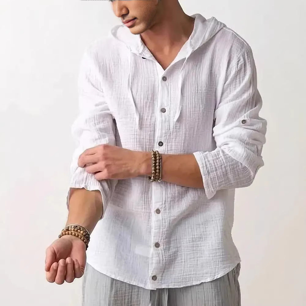Men's Solid-Colored Long-Sleeve Cardigan Hoodie Cotton Shirt