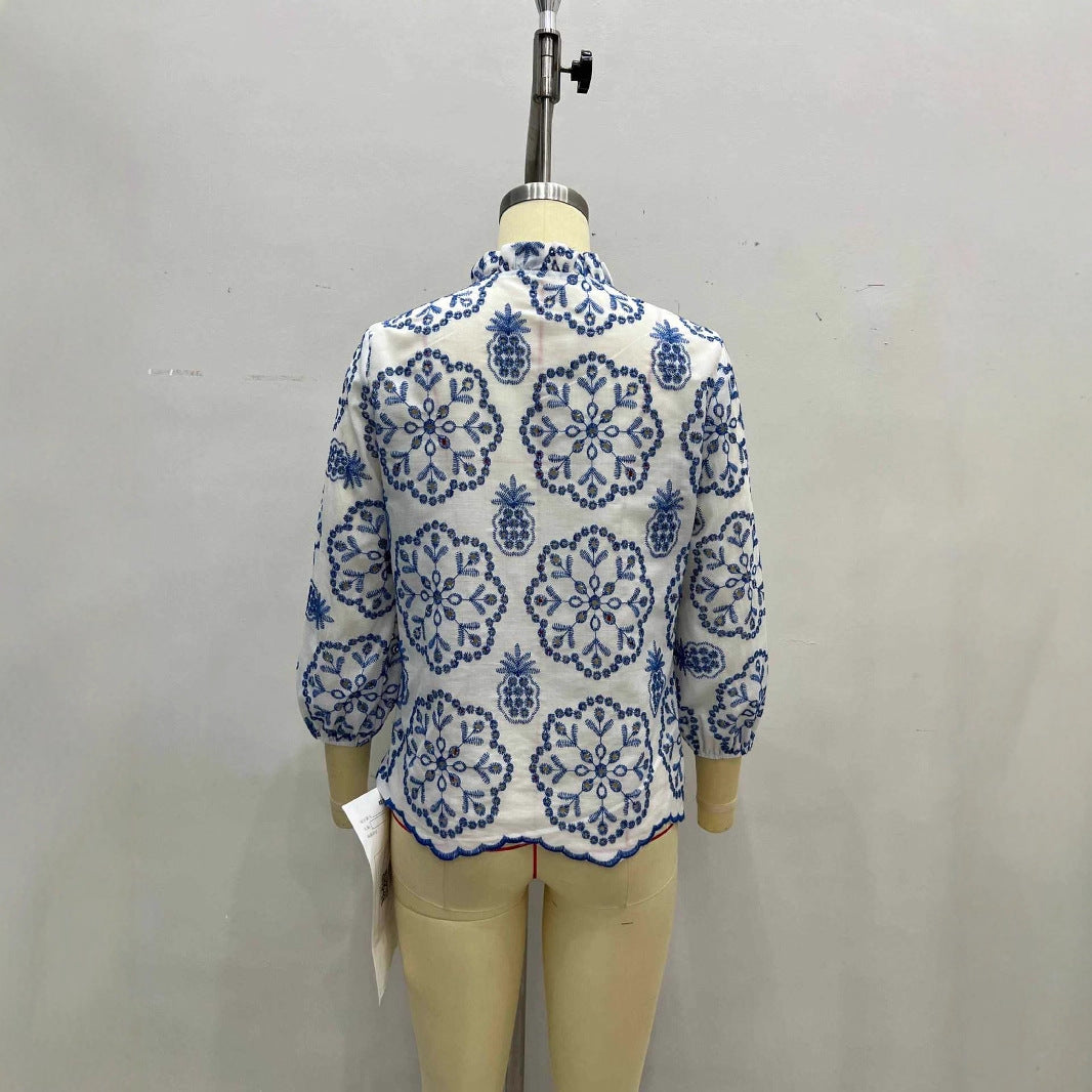 Patterned Stand-up Collar Button-up Top Casual Shirt