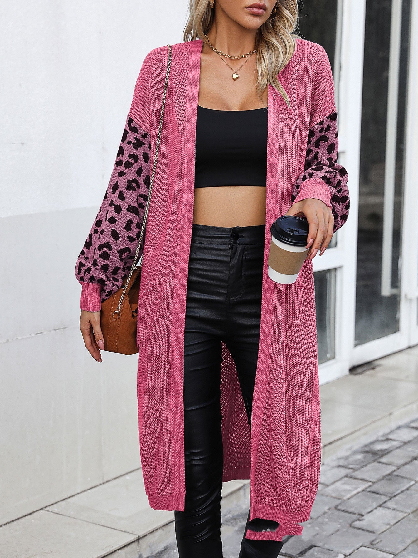 Women's Casual Long Solid Color Pattern Leopard Design Coat Cardigan For Women