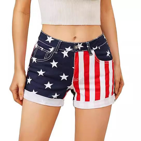 Creative National Flag Print Denim Womens Shorts