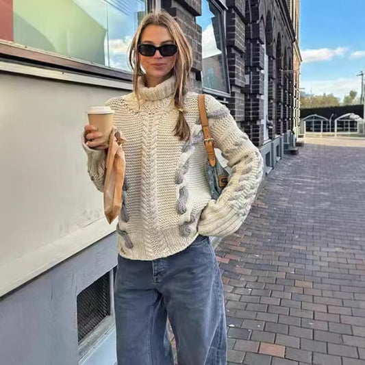 Contrast Color Coarse Woven Twist Lazy And Versatile Pullover Sweater