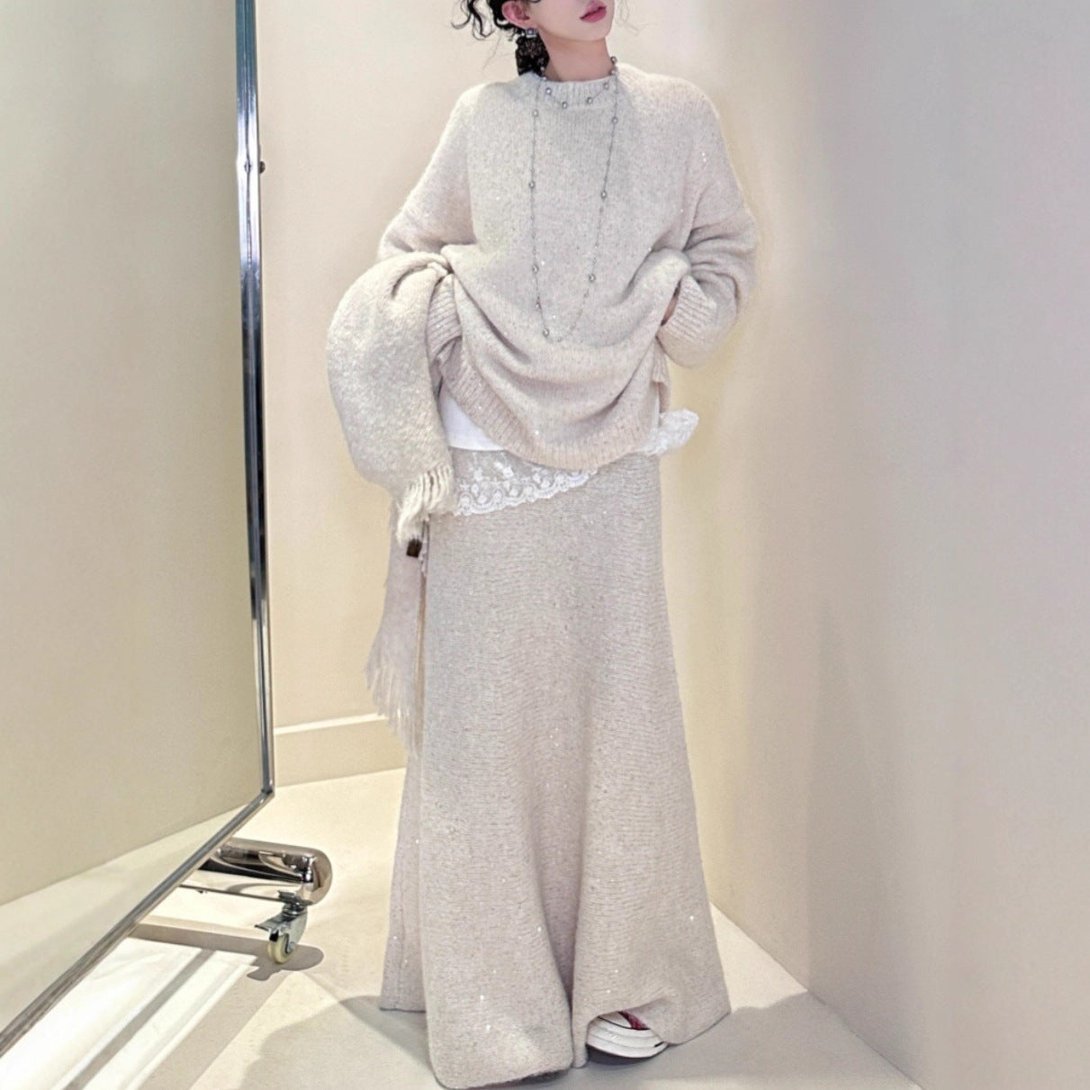Loose Sequin Sweater Women Elastic Waist Fishtail Skirt Set