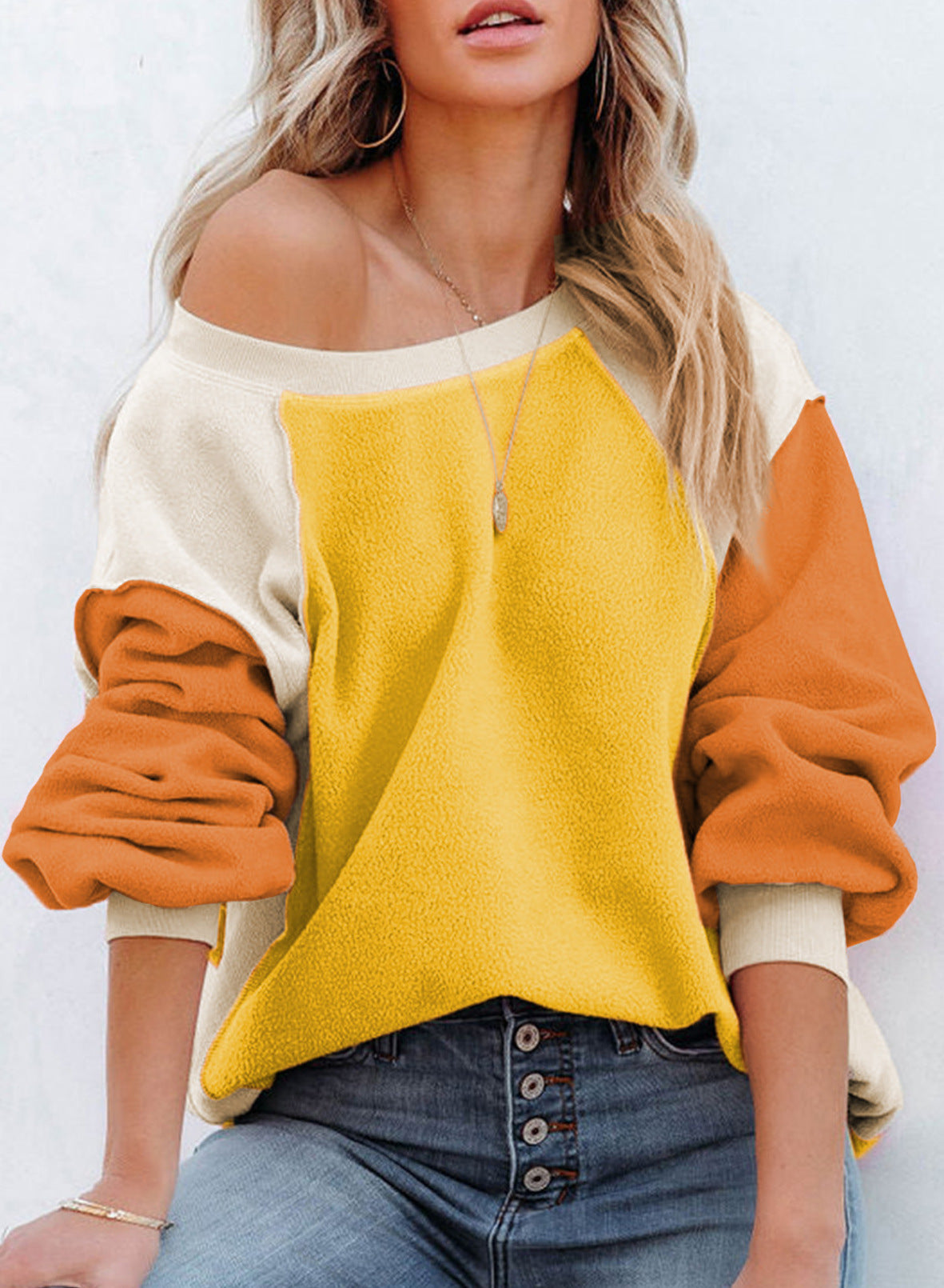 Fleece Lantern Sleeve Sweater Plush Contrast Color Long Sleeve Pullover Top