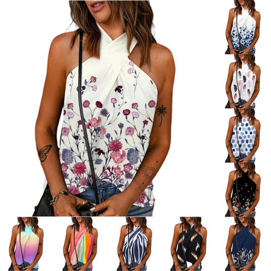 Casual Slim-fit Back-zip Halter-neck Printed Sleeveless Patchwork Top