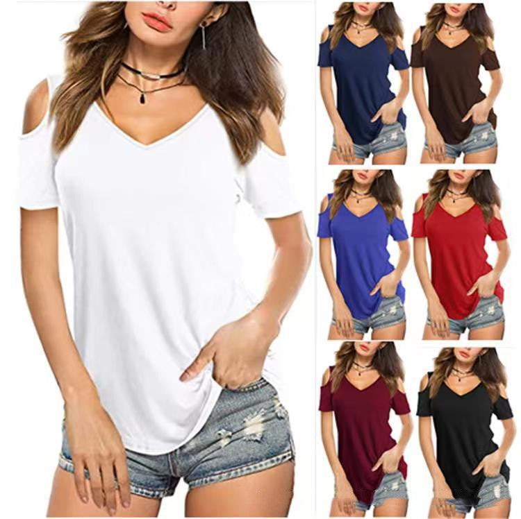 Ny V-hals Ensfarvet Off-shoulder Kortærmet T-shirt