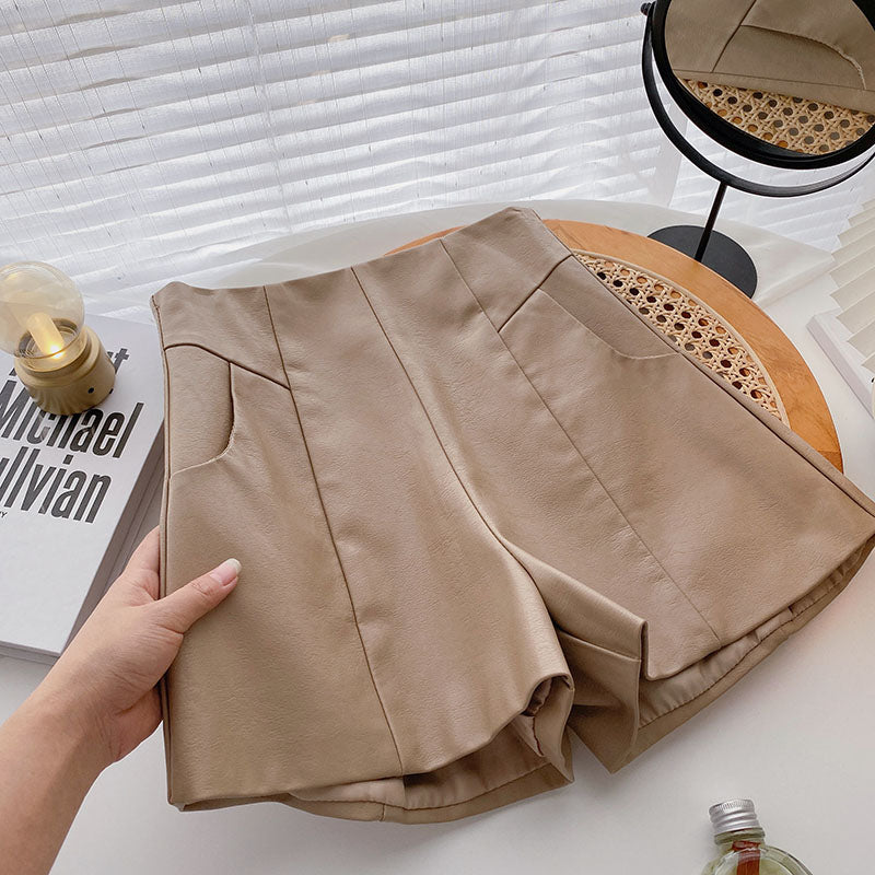 Women's High-waist A-line Thin Wide-legged Outer Wear PU Leather Boots Pants