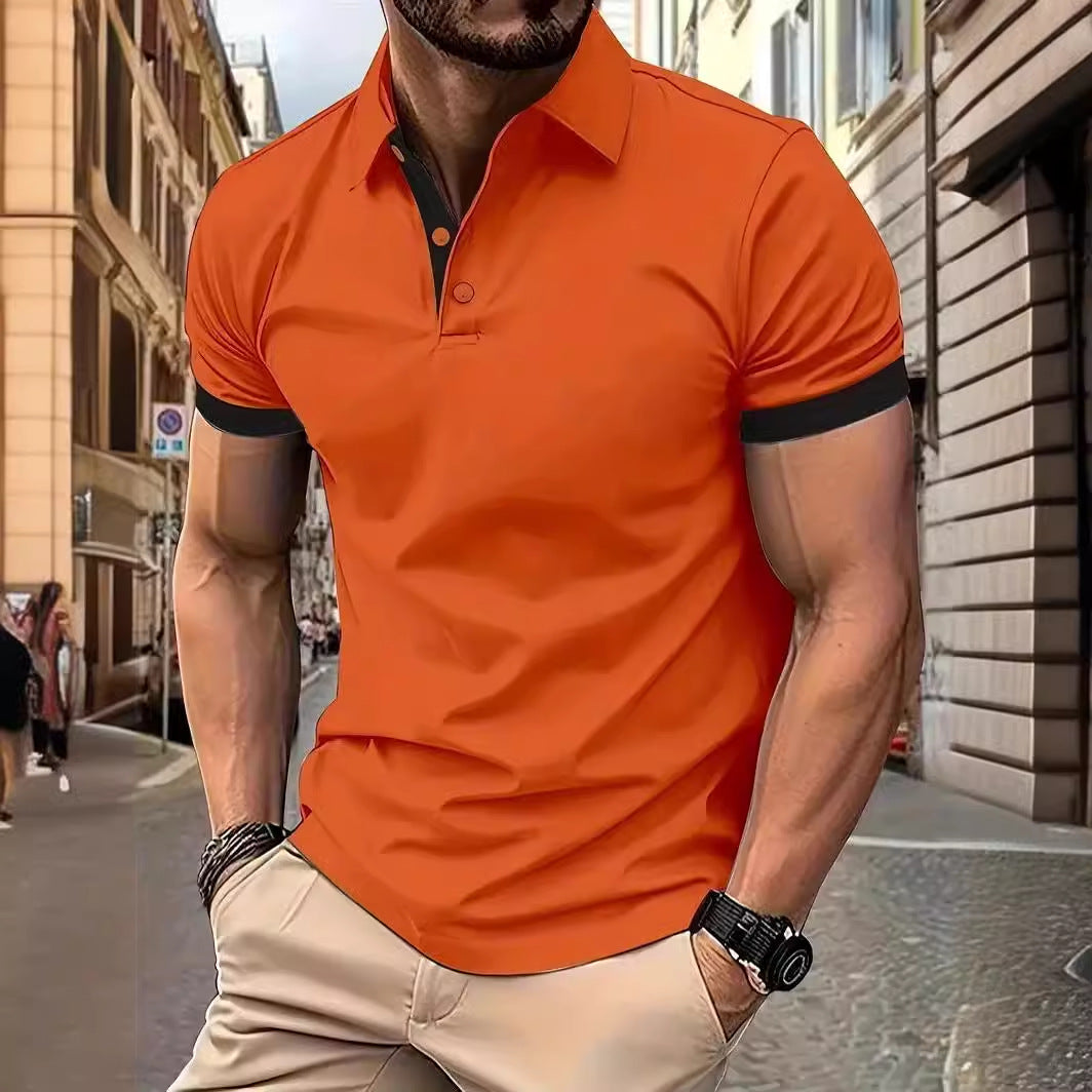Solid Color Lapel Short Sleeve Polo Shirt Casual Loose Men 4D
