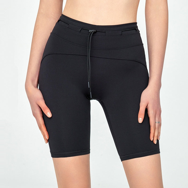 Kvinders Højtaljede Hofteløft Tætsiddende Yoga Shorts med Snøre