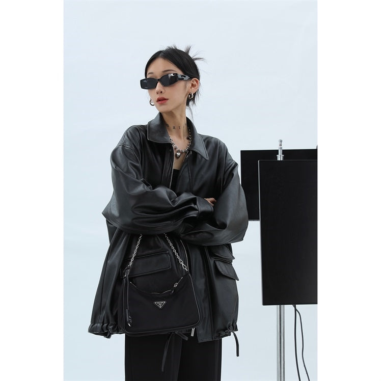 Women's Loose Retro Leather Jacket With Details