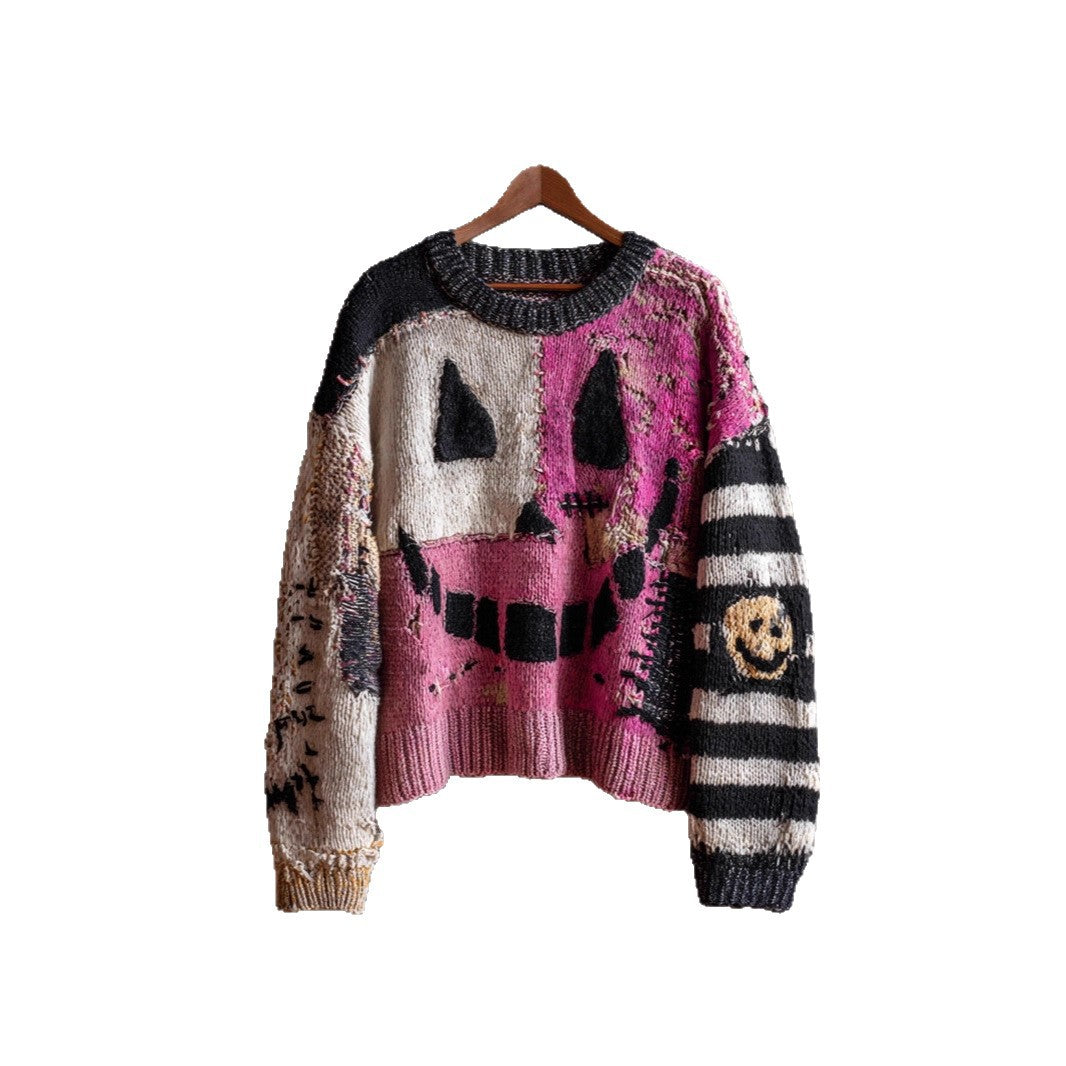 Dame Moderigtig Retro Printet Sweater Med Rund Hals