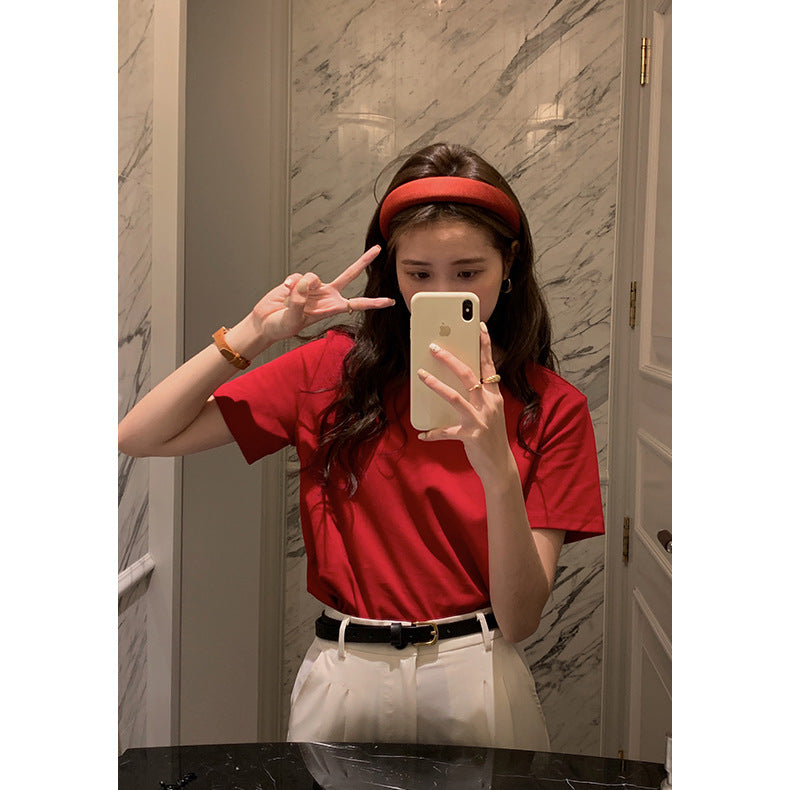 Women's Solid Color Round Neck Loose And Slim Short Sleeve T-shirt
