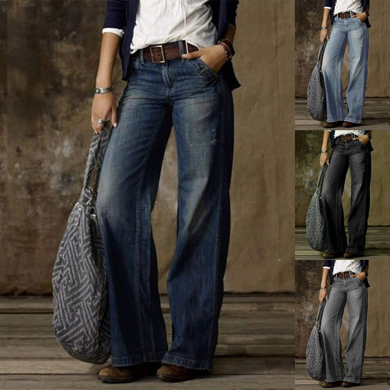 Retro afslappede jeans med lommer, moderne lige bukser, vidde benbukser til kvinder