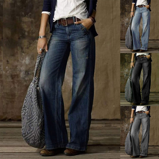 Retro afslappede jeans med lommer, moderne lige bukser, vidde benbukser til kvinder