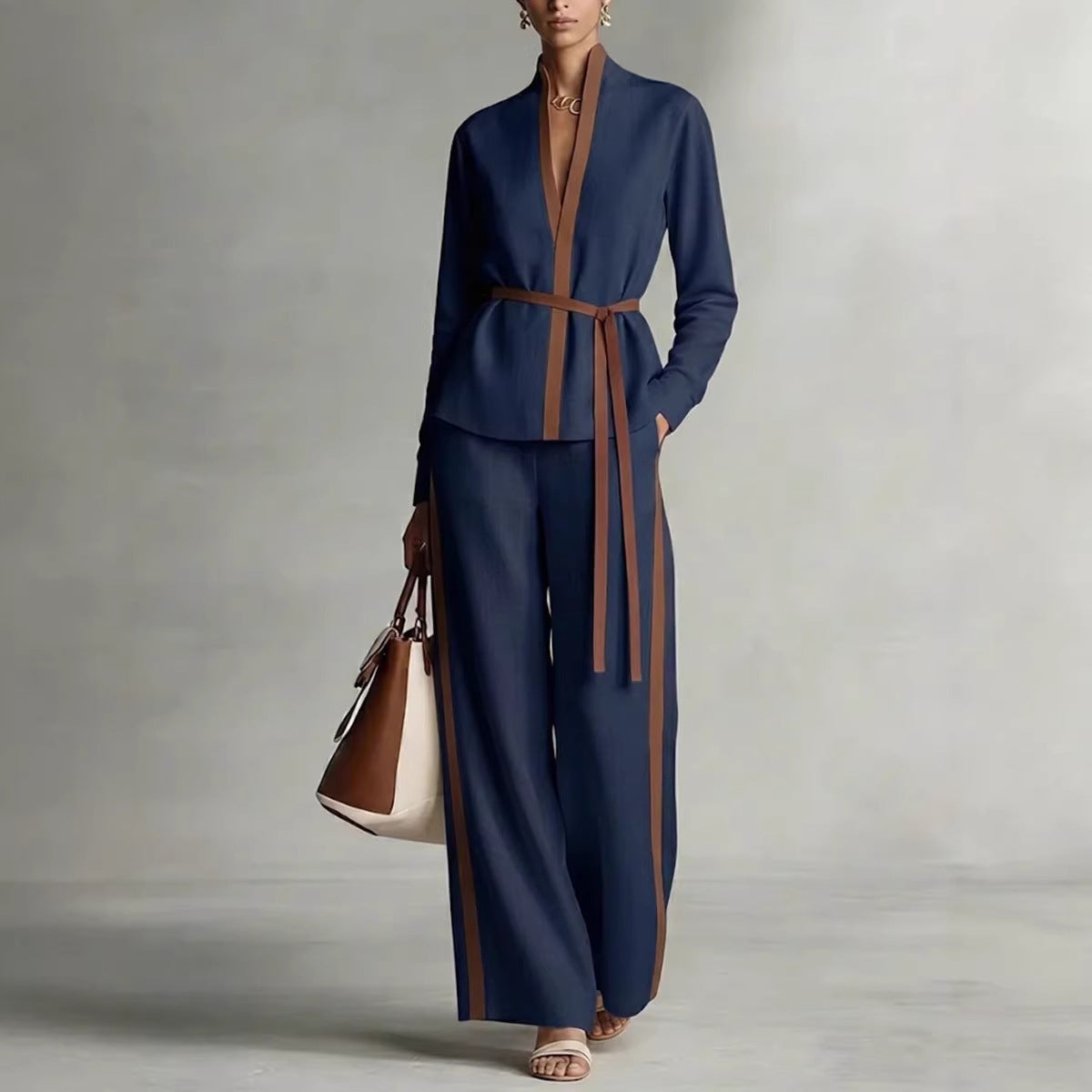 Women's Casual Patchwork Cardigan Shirt And Wide-Leg Pants Set