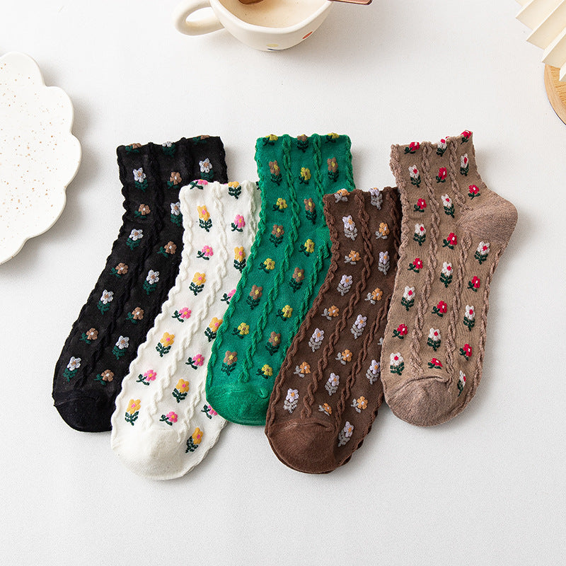 Small Floral Girl Cotton Socks Net Red Medium And Short Tube Student