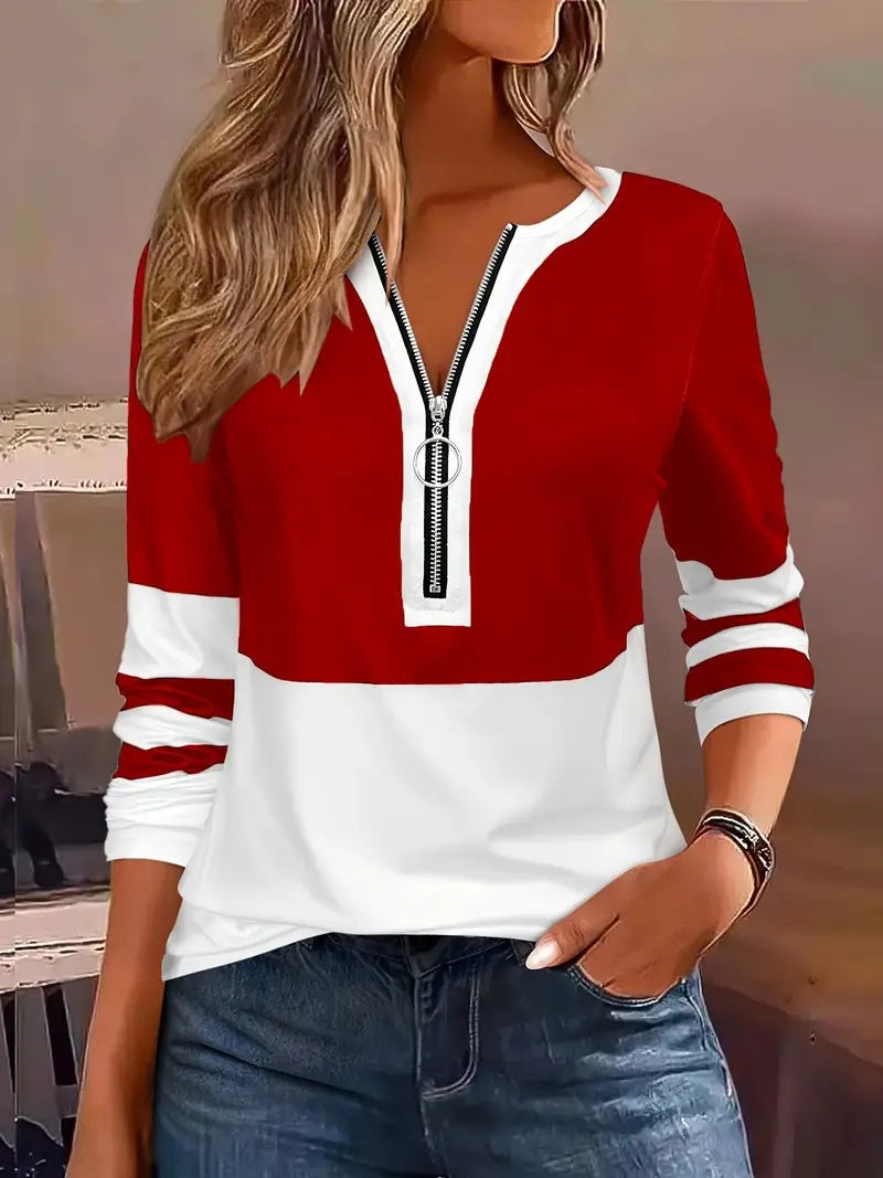 Women's V-collar Contrast Color Striped Loose Zip Long-sleeved T-shirt