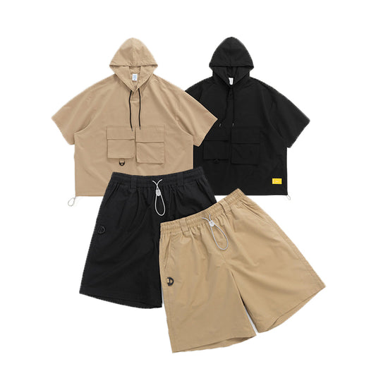 Suit hooded trench coat casual shorts overalls