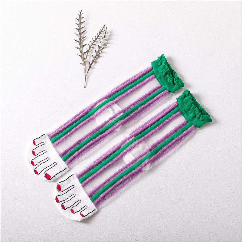 Women's tube socks false toe glass stockings