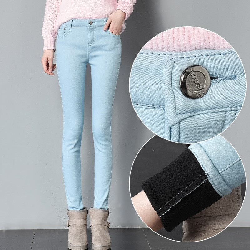Thick pencil outer wear denim and long plus velvet boots
