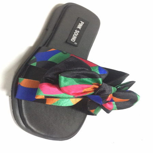 Flat printed bow sandals slippers