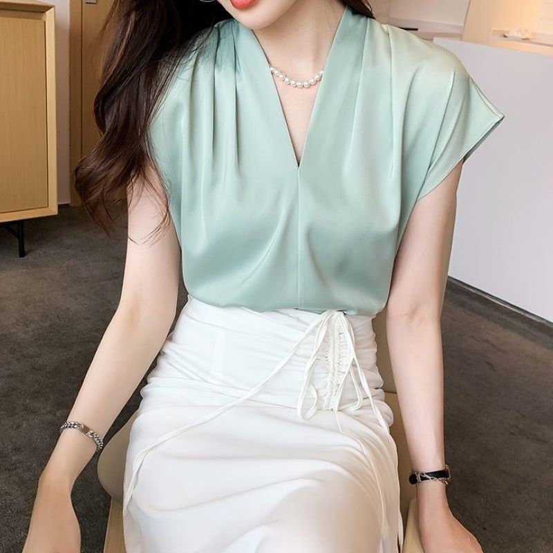 French Summer Acetate Satin High-grade Short-sleeved Shirt