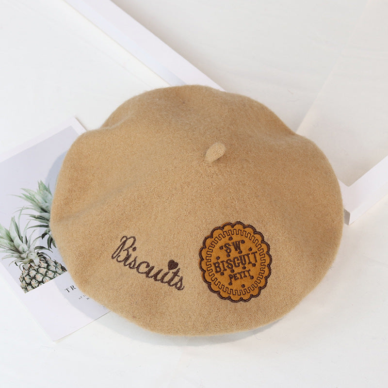 Stitched Ins Style Wool Knit Beret Women's Embroidered Hat