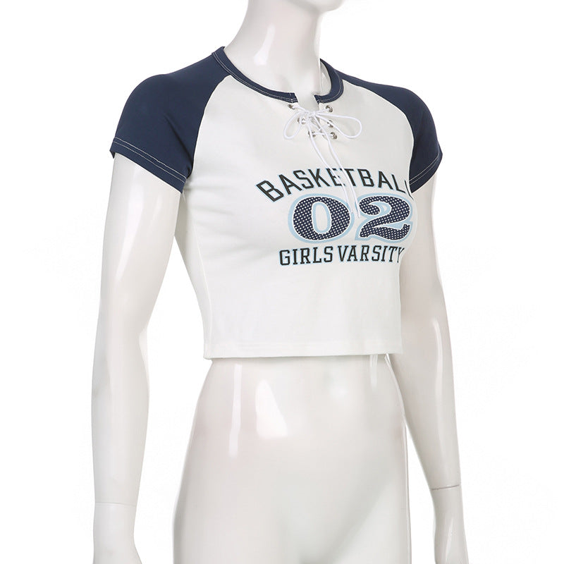 Contrasting Color Raglan Sleeve Splicing Show Thin Hot Girl Crop Top