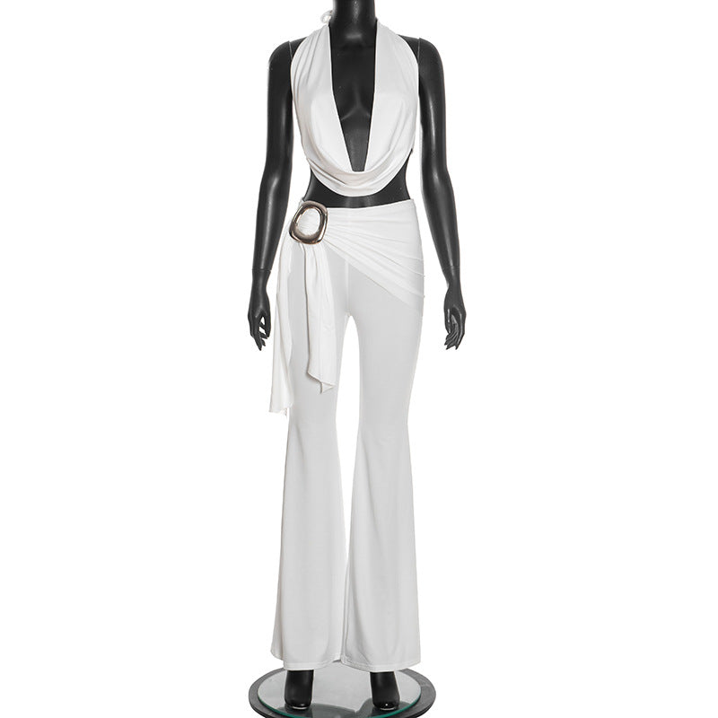 Crop-top Metal-buckle Bow-tie Flare Pants Set