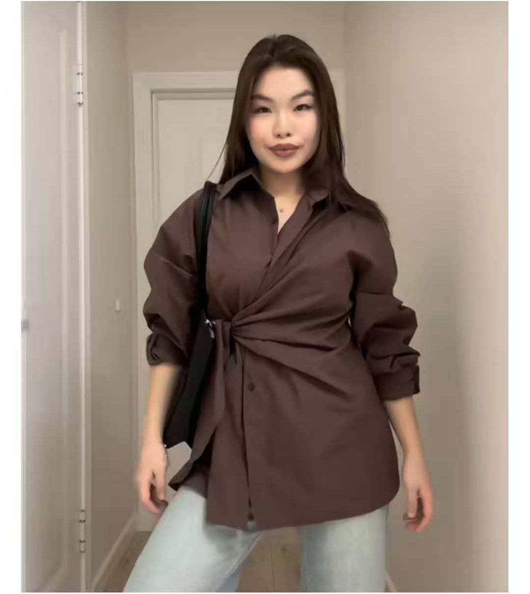 Turn-down Collar Single-breasted Tie-waist Slimming Shirt