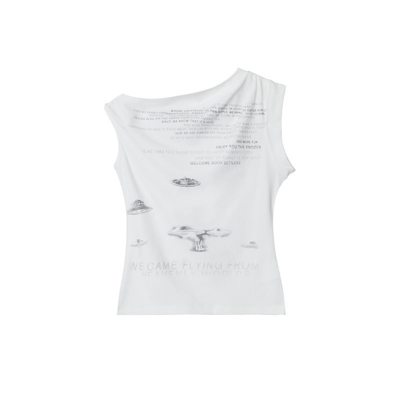 Hot Girl Irregular Shoulder Design T-shirt Heart Women's Short