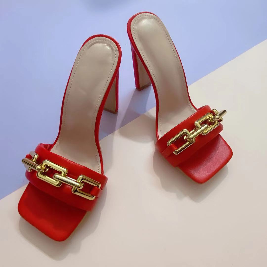 Sandals And Slippers Fashion Square Chain High Heel