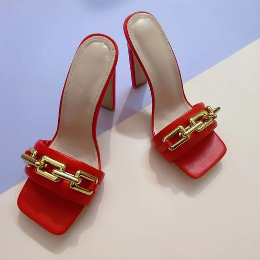 Sandals And Slippers Fashion Square Chain High Heel