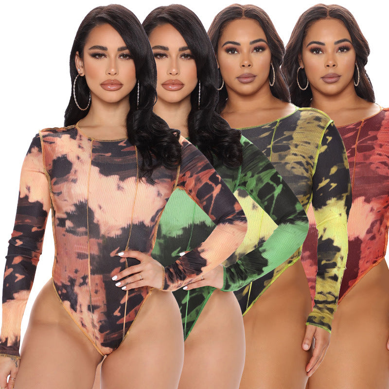 Women's Spring Round Neck Print Long Sleeves Tight Breasted Plus Size Jumpsuit