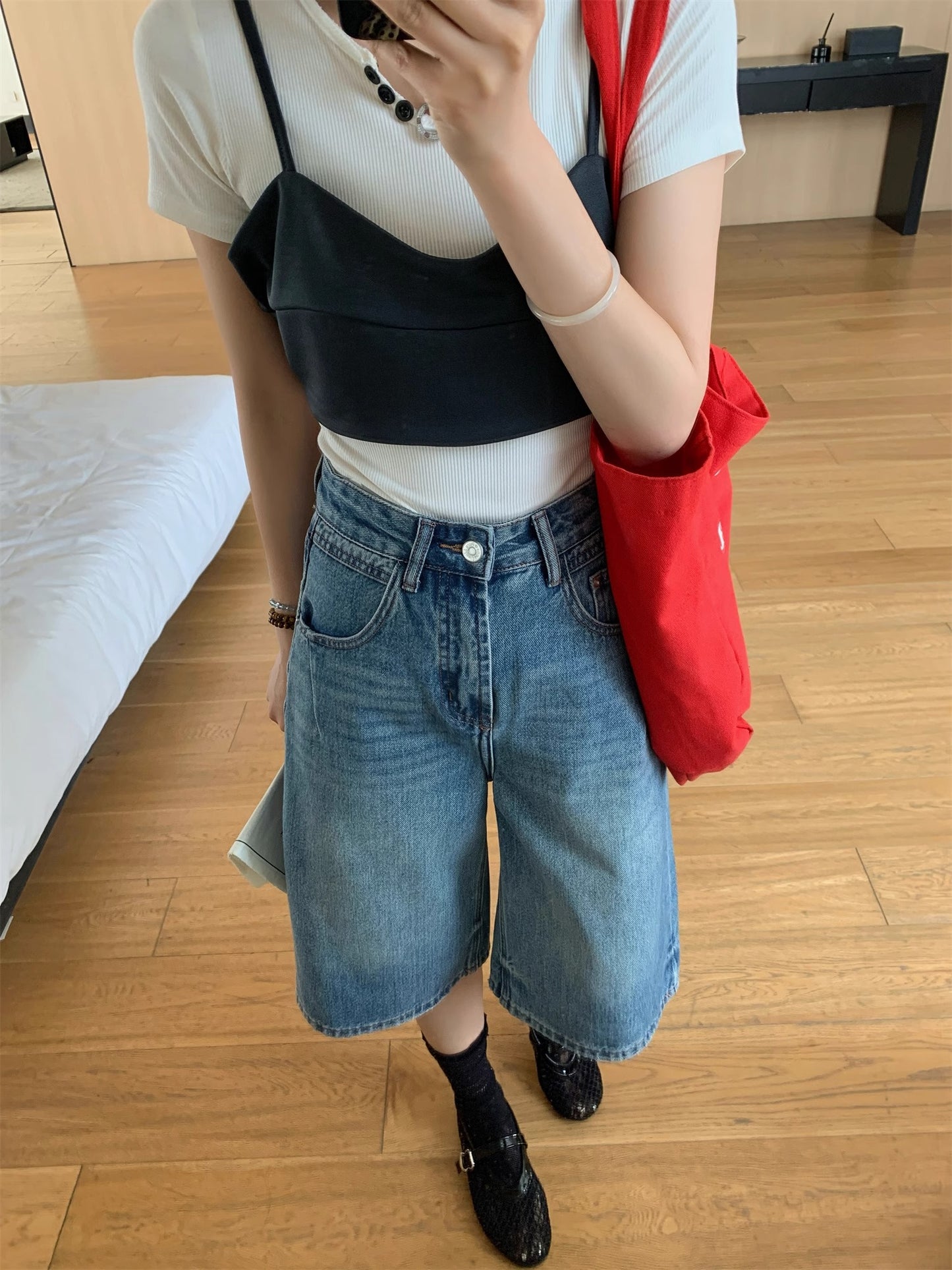 Retro High Waist Denim Water Blue Fifth Wide-leg Pants